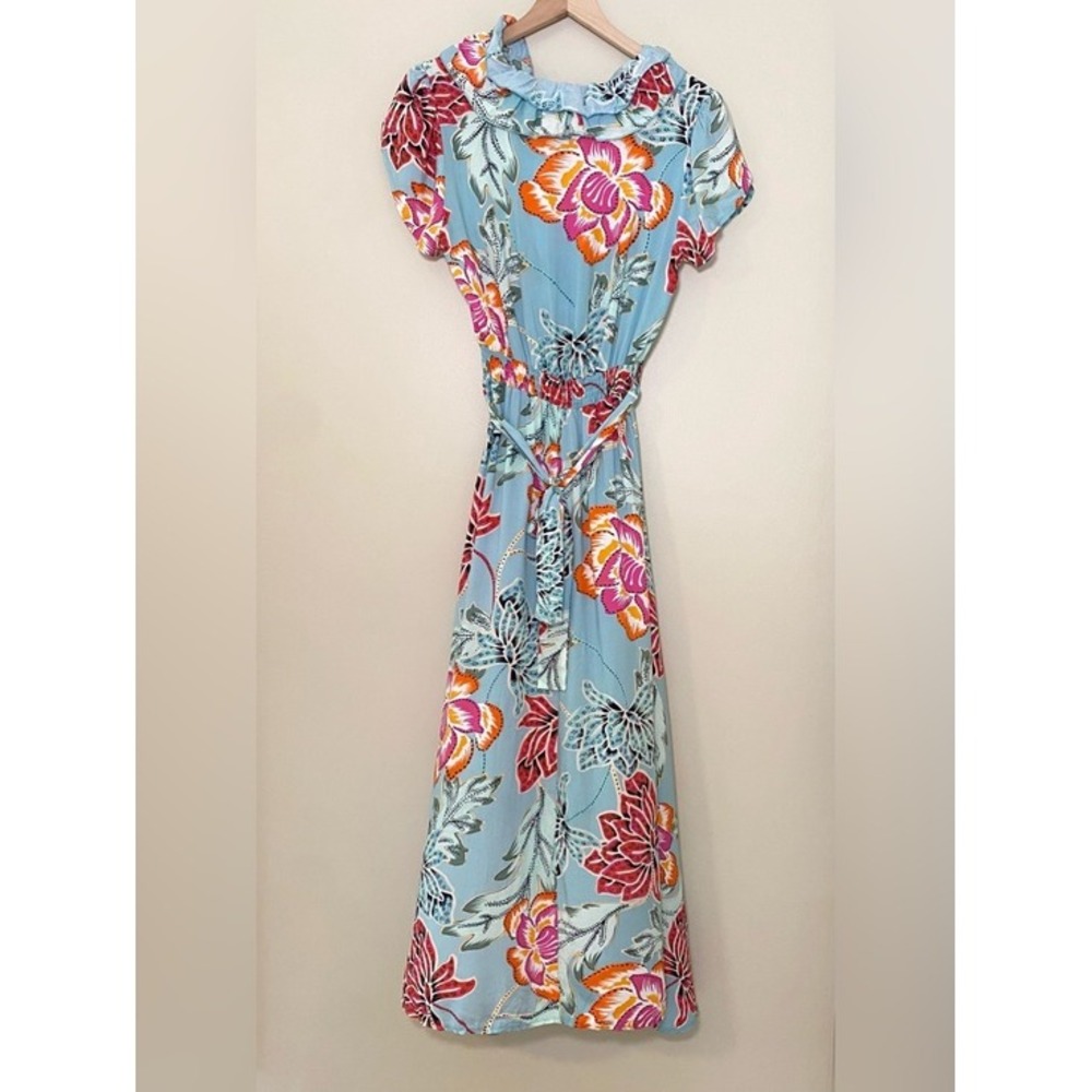 Jaase Boho Aqua Light Blue Floral Dress Ruffle Flowy Tassel Smocked Medium - Picture 2 of 16